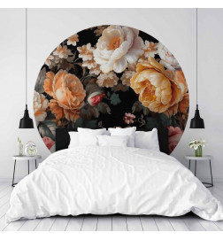 Round Wall Mural - Colourful flowers on a black background