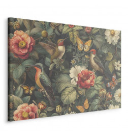 Leinwandbild - Flowers, birds and butterflies – vintage-style illustration