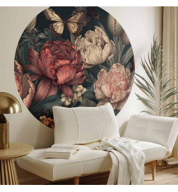 Round Wall Mural - Flowers on a turquoise background