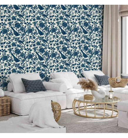 Tapeta - Birds and roses - monochrome blue pattern with botanical motif