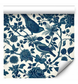 Wallpaper - Birds and roses - monochrome blue pattern with botanical motif