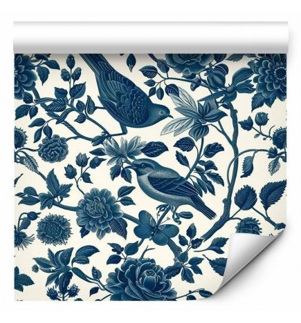 Tapete - Birds and roses - monochrome blue pattern with botanical motif