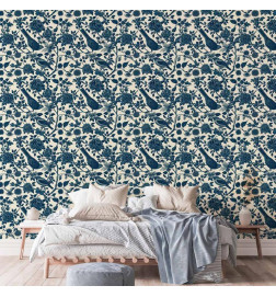 Papel de parede - Birds and roses - monochrome blue pattern with botanical motif