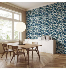 Tapete - Birds and roses - monochrome blue pattern with botanical motif