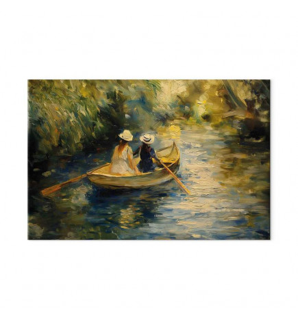 Wandbild XXL - Boat crossing - painting of two women sailing a boat on a river