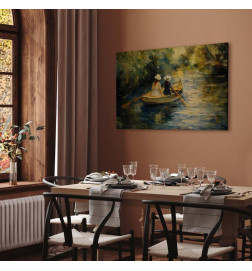 Leinwandbild - Boat crossing - painting of two women sailing a boat on a river