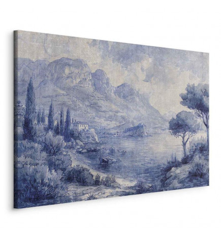 Schilderij - Blue Bay - Italian landscape of Lake Como painted with blue ink