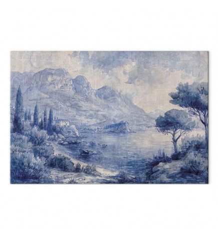 Seinapilt - Blue Bay - Italian landscape of Lake Como painted with blue ink