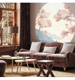 Round Wall Mural - Ocean, cliffs and trees, a delicate motif in pastel colours
