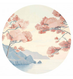 Ronde fotobehang - Ocean, cliffs and trees, a delicate motif in pastel colours