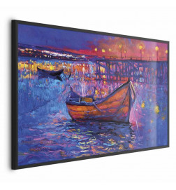 Plakāts - Modern impressionism - night landscape of a lake with a floating boat