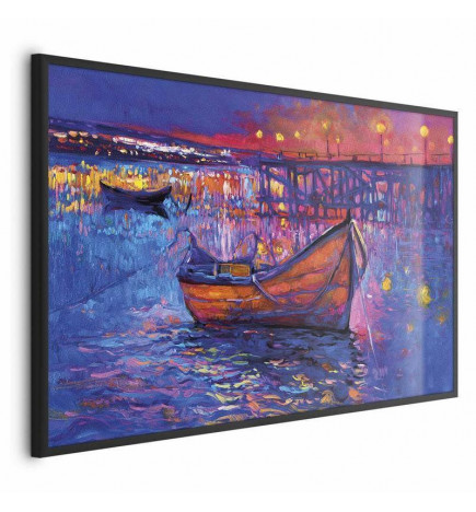 Plakāts - Modern impressionism - night landscape of a lake with a floating boat