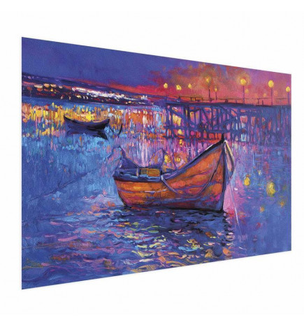 Plakat - Modern impressionism - night landscape of a lake with a floating boat
