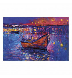 Plakāts - Modern impressionism - night landscape of a lake with a floating boat