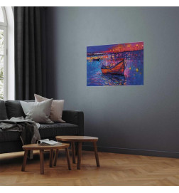 Poster - Modern impressionism - night landscape of a lake with a floating boat