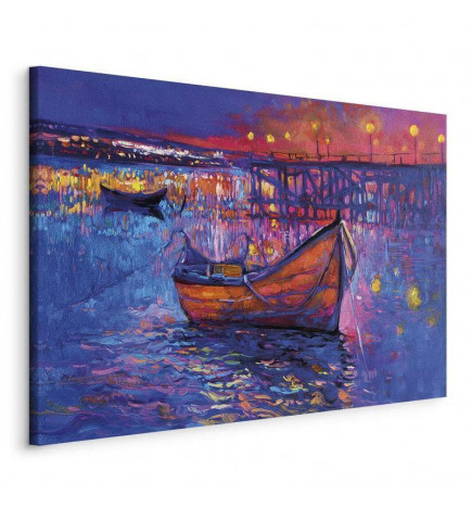 Schilderij - Modern impressionism - night landscape of a lake with a floating boat