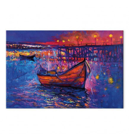 Tablou - Modern impressionism - night landscape of a lake with a floating boat