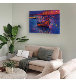 Tableau - Modern impressionism - night landscape of a lake with a floating boat