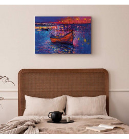 Quadro - Modern impressionism - night landscape of a lake with a floating boat