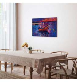 Canvas Print - Modern impressionism - night landscape of a lake with a floating boat