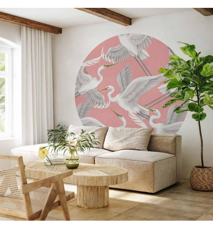 Mural de parede redondo - Pastel birds – a delicate pattern of white and grey herons on a light pink background