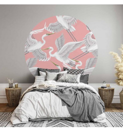 Ronde fotobehang - Pastel birds – a delicate pattern of white and grey herons on a light pink background