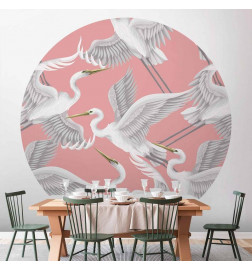Round Wall Mural - Pastel birds – a delicate pattern of white and grey herons on a light pink background