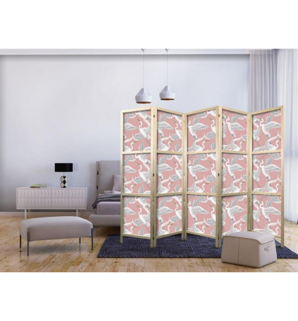 Japanese Room Divider - Pastel birds - a delicate pattern of white and grey herons on a light pink background