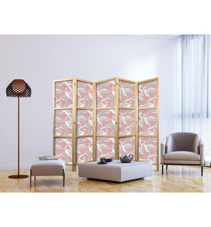 Japanilainen sermi - Pastel birds - a delicate pattern of white and grey herons on a light pink background