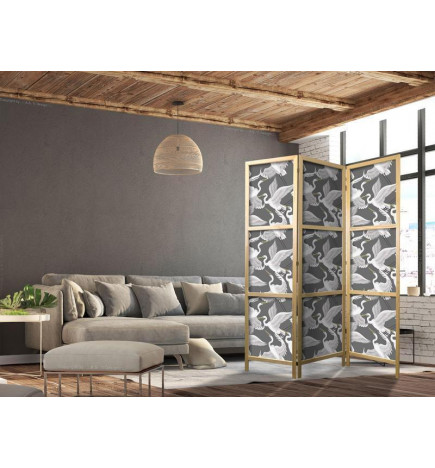 Biombo japonês - Pastel birds - a delicate pattern of white and grey herons on a light pink background