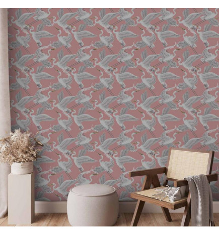 Behang - Pastel birds – a delicate pattern of white and grey herons on a light pink background