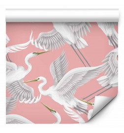 Tapetas - Pastel birds – a delicate pattern of white and grey herons on a light pink background
