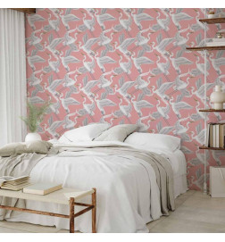 Behang - Pastel birds – a delicate pattern of white and grey herons on a light pink background