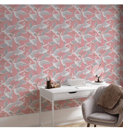 Behang - Pastel birds – a delicate pattern of white and grey herons on a light pink background