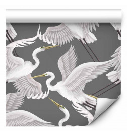 Tapet - Flying birds – a delicate pattern of white and grey herons on a grey background