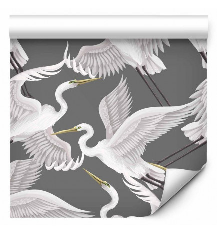 Tapisserie murale - Flying birds – a delicate pattern of white and grey herons on a grey background