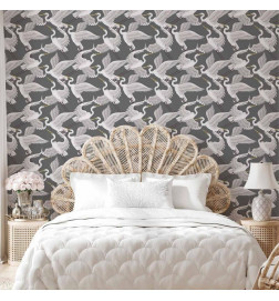 Papel pintado - Flying birds – a delicate pattern of white and grey herons on a grey background