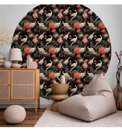 Round Wall Mural - Ornament with birds – silhouettes of cranes and peony flowers on a dark background