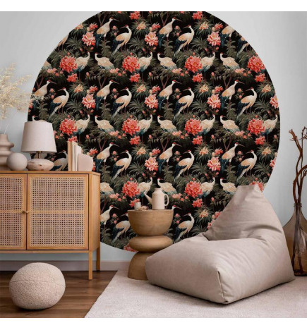 Round Wall Mural - Ornament with birds – silhouettes of cranes and peony flowers on a dark background