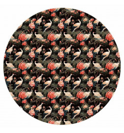 Fotomural redondo - Ornament with birds – silhouettes of cranes and peony flowers on a dark background