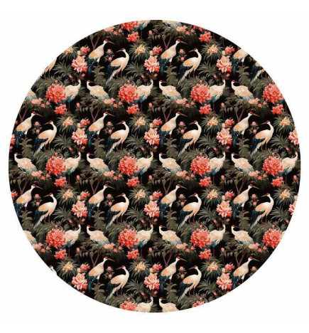 Apvalus fototapetas - Ornament with birds – silhouettes of cranes and peony flowers on a dark background