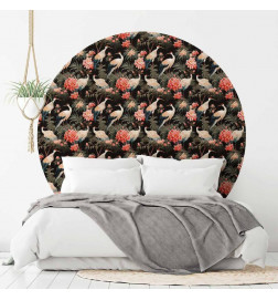 Carta da parati rotondi - Ornament with birds – silhouettes of cranes and peony flowers on a dark background