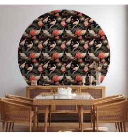 Mural de parede redondo - Ornament with birds – silhouettes of cranes and peony flowers on a dark background