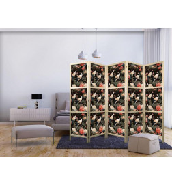 Paravent japonais - Ornament with birds - silhouettes of cranes and peony flowers on a dark background
