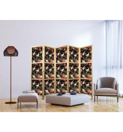 Japonska pregrada - Ornament with birds - silhouettes of cranes and peony flowers on a dark background