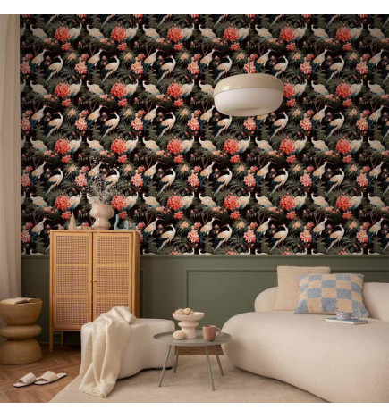 Behang - Ornament with birds - silhouettes of cranes and peony flowers on a dark background