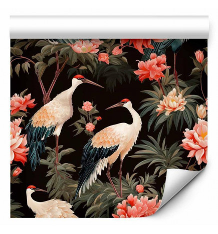 Tapetti - Ornament with birds - silhouettes of cranes and peony flowers on a dark background