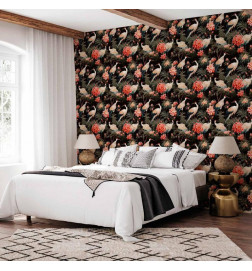 Papel pintado - Ornament with birds - silhouettes of cranes and peony flowers on a dark background