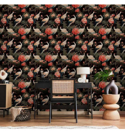 Tappezzeria murale - Ornament with birds - silhouettes of cranes and peony flowers on a dark background