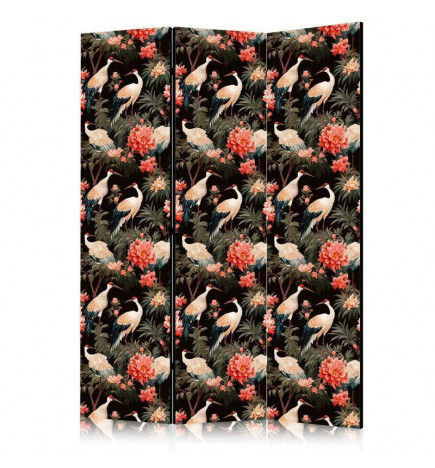 Aizslietnis - Ornament with birds - silhouettes of cranes and peony flowers on a dark background